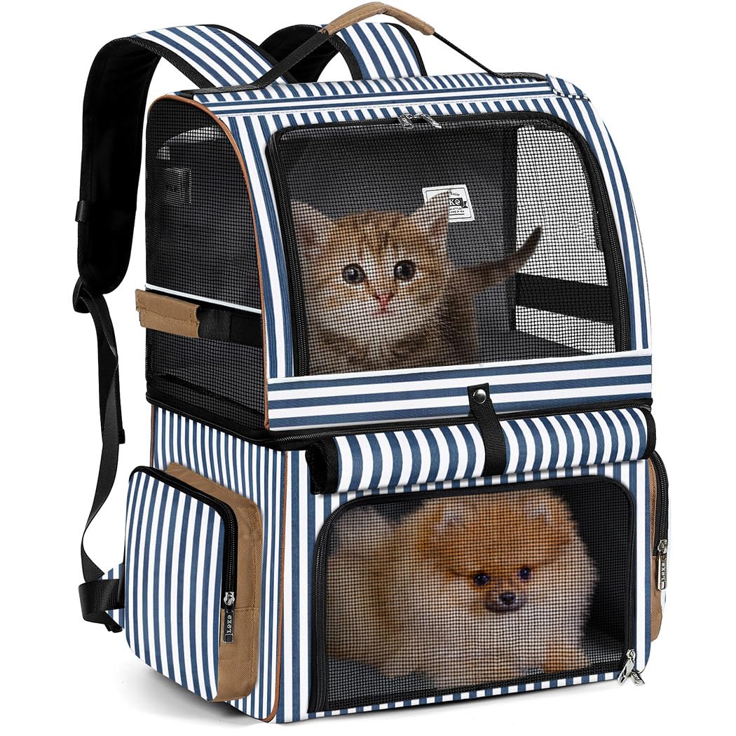 Double Cat Backpack Carrier for 2 Cats Blue Striped E21913