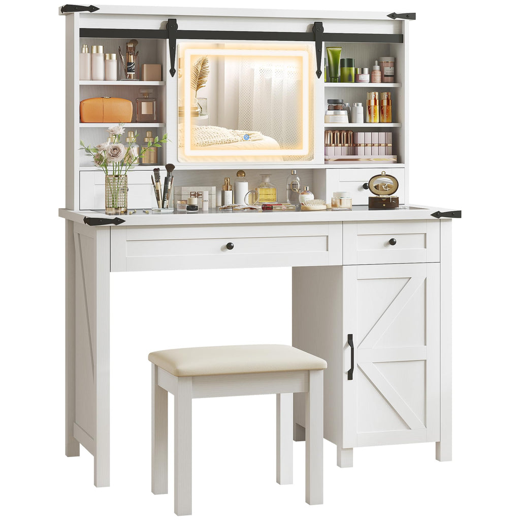 White Vanity Desk with Mirror, LED Lights, Stool A81379
