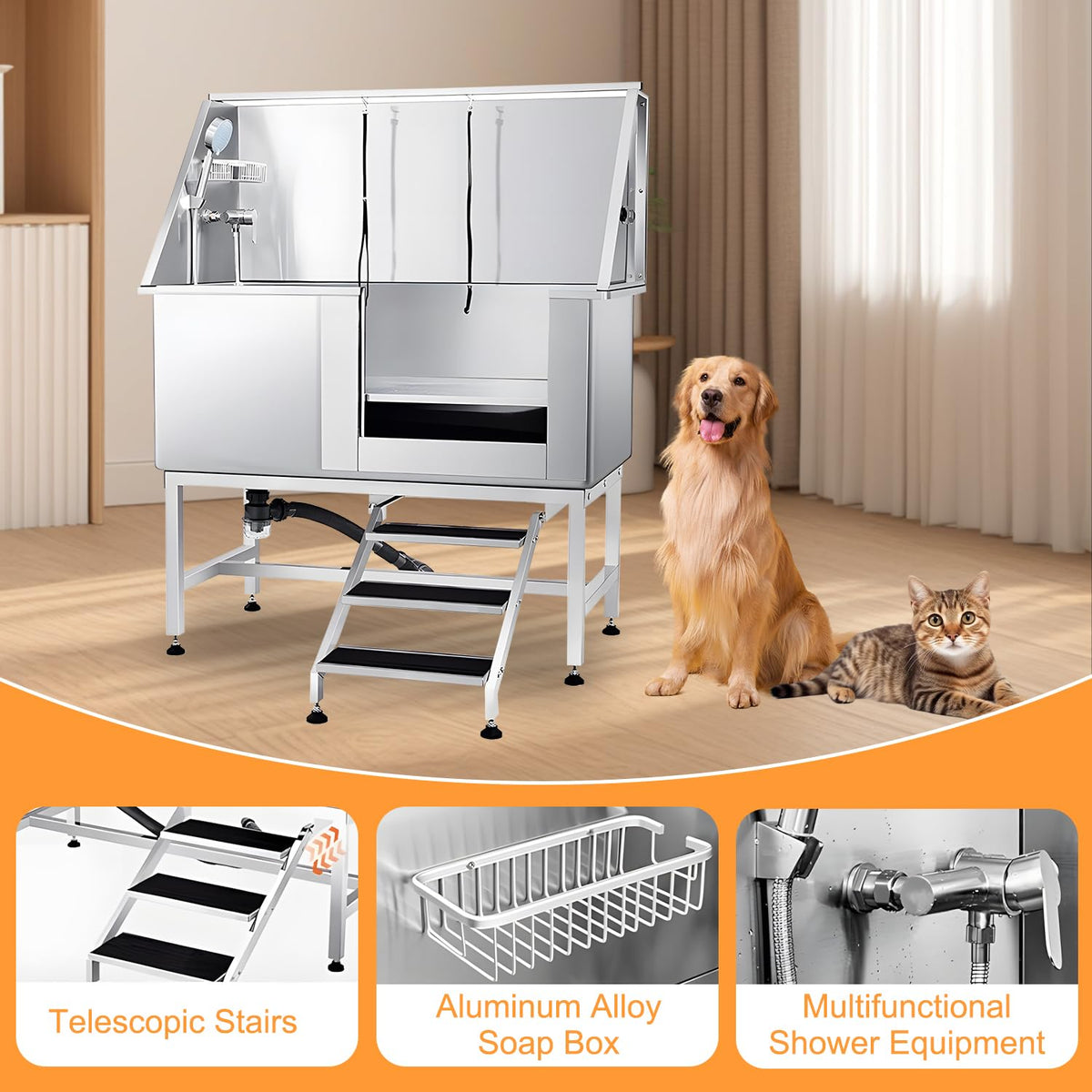 Stainless Steel 304 Dog Grooming Tub with Stairs and Faucet R10274