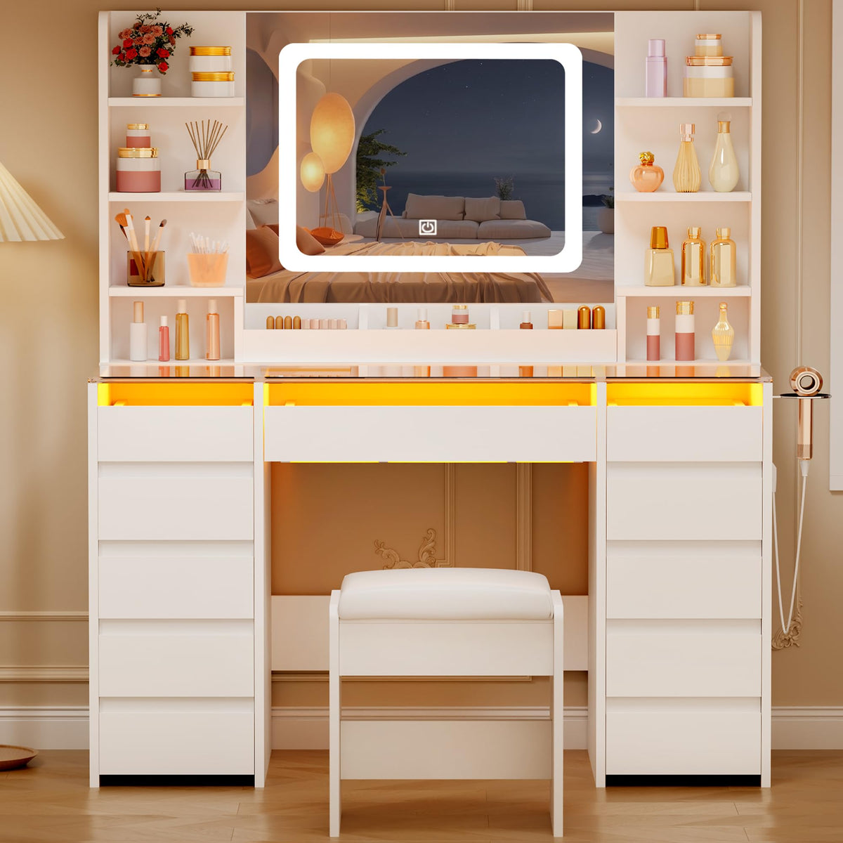 Glass Top Vanity Desk with Mirror and Stool C76429