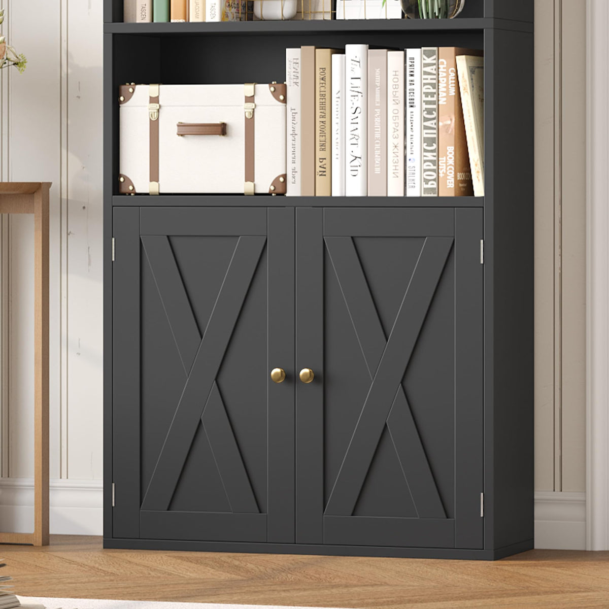 82" Tall Black Bookcase with Doors Z878451