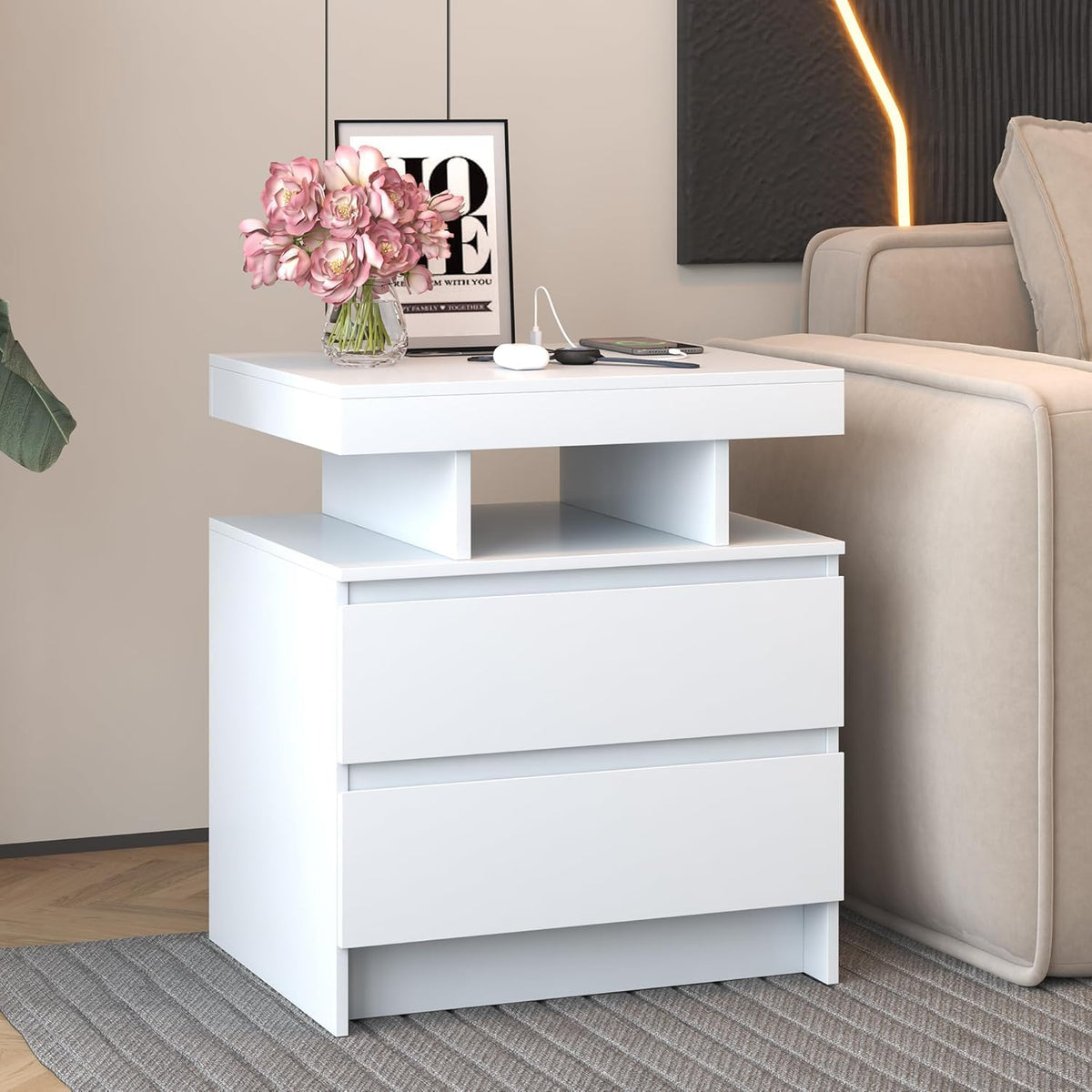 LED Nightstand with Charging Station White E21392