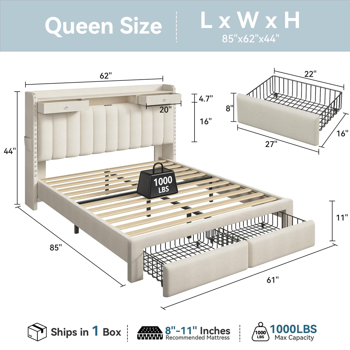 Queen Bed Frame with Storage Headboard & 4 Drawers V9951