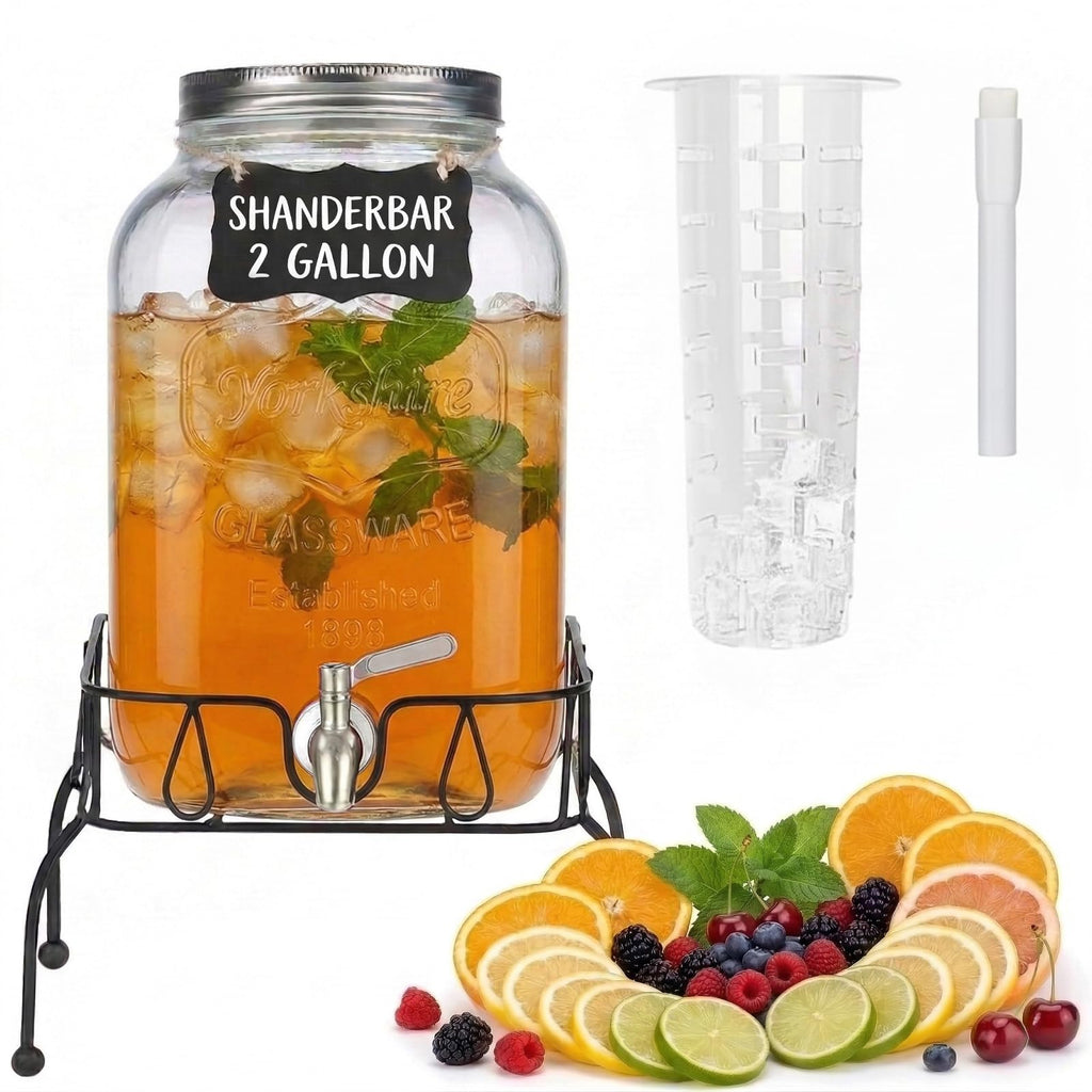 2 Gallon Glass Drink Dispenser with Stand and Lid T748