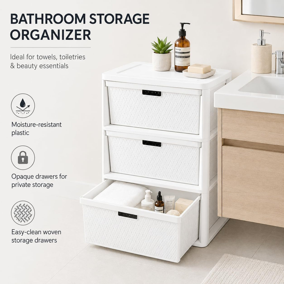 Wide 3-Drawer Plastic Storage Tower with Removable Bins I713
