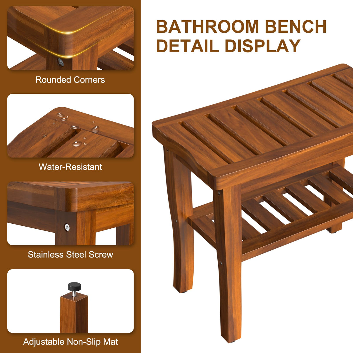 Teak Wood Shower Bench Stool with Storage Shelf I999364