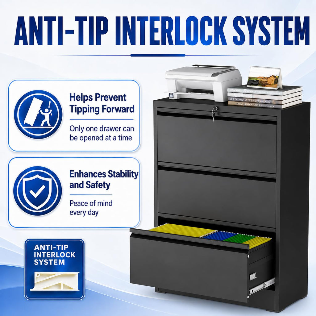 Black 3 Drawer Metal File Cabinet with Lock B8092