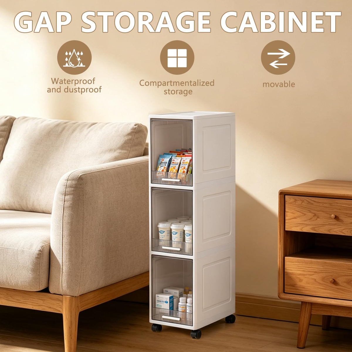 Narrow 3 Tier Bathroom Storage Cabinet with Wheels W8264