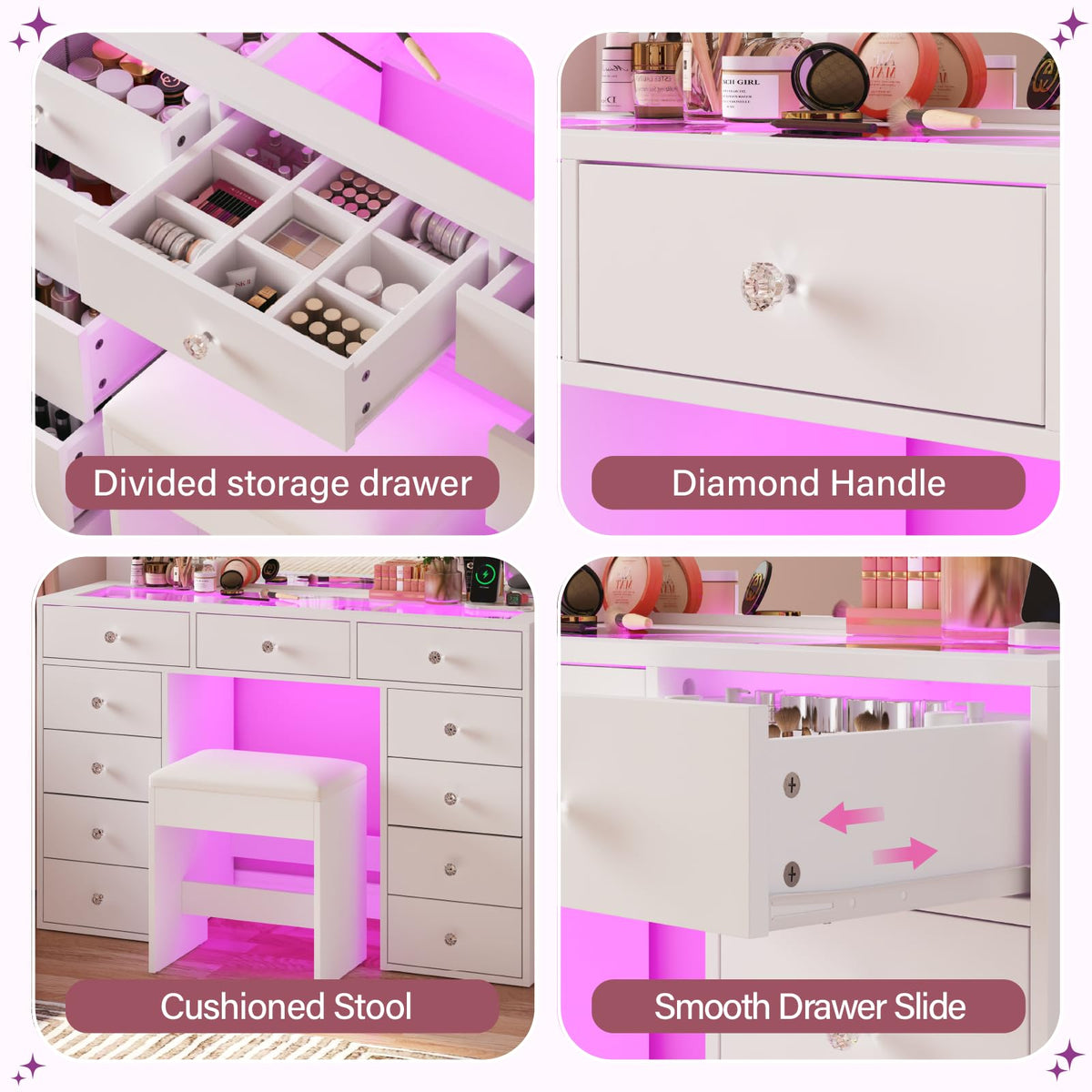 45" Large White Vanity Desk with RGB Lighting Y1296