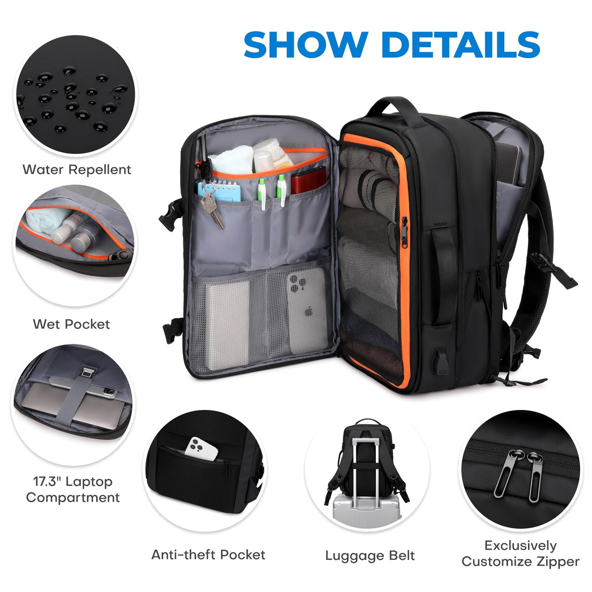Carry On Travel Backpack Black E23387