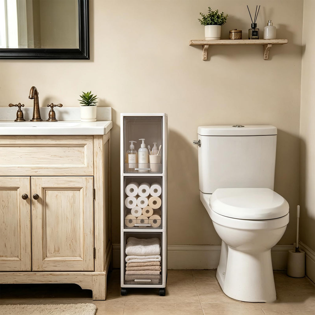 Narrow 3 Tier Bathroom Storage Cabinet with Wheels W8264