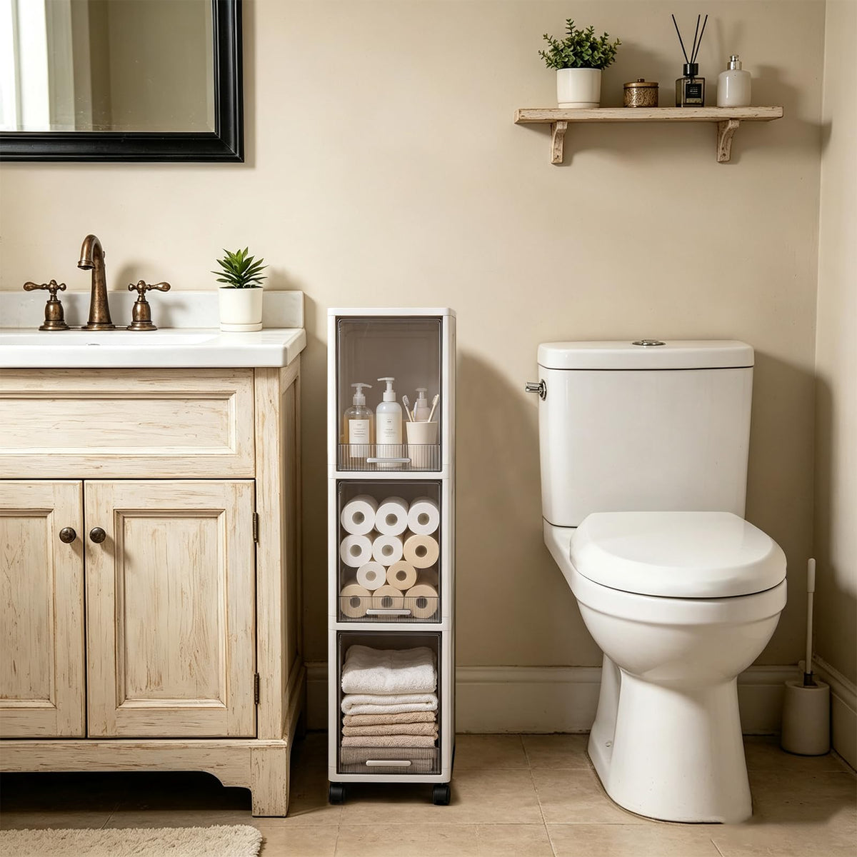 Narrow 3 Tier Bathroom Storage Cabinet with Wheels W8264