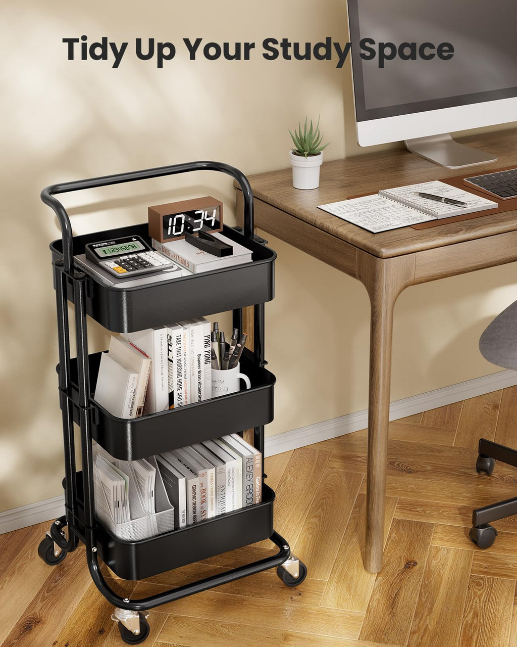 3 Tier Rolling Cart with Handle & 2 Lockable Wheels E259833