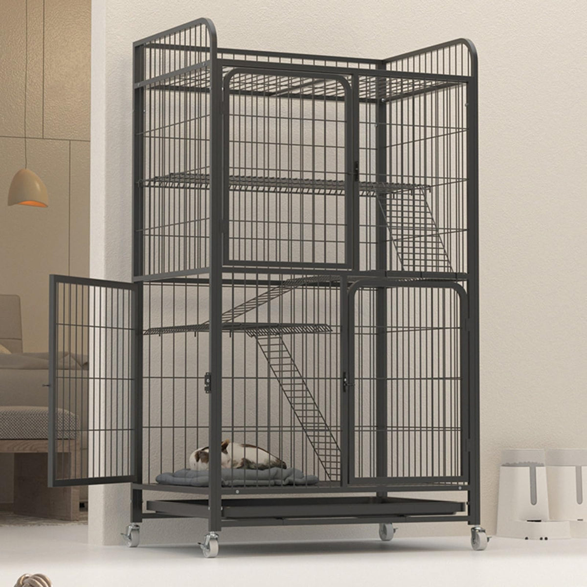 4 Tiers Metal Wire Cat Cage with Wheels Y767