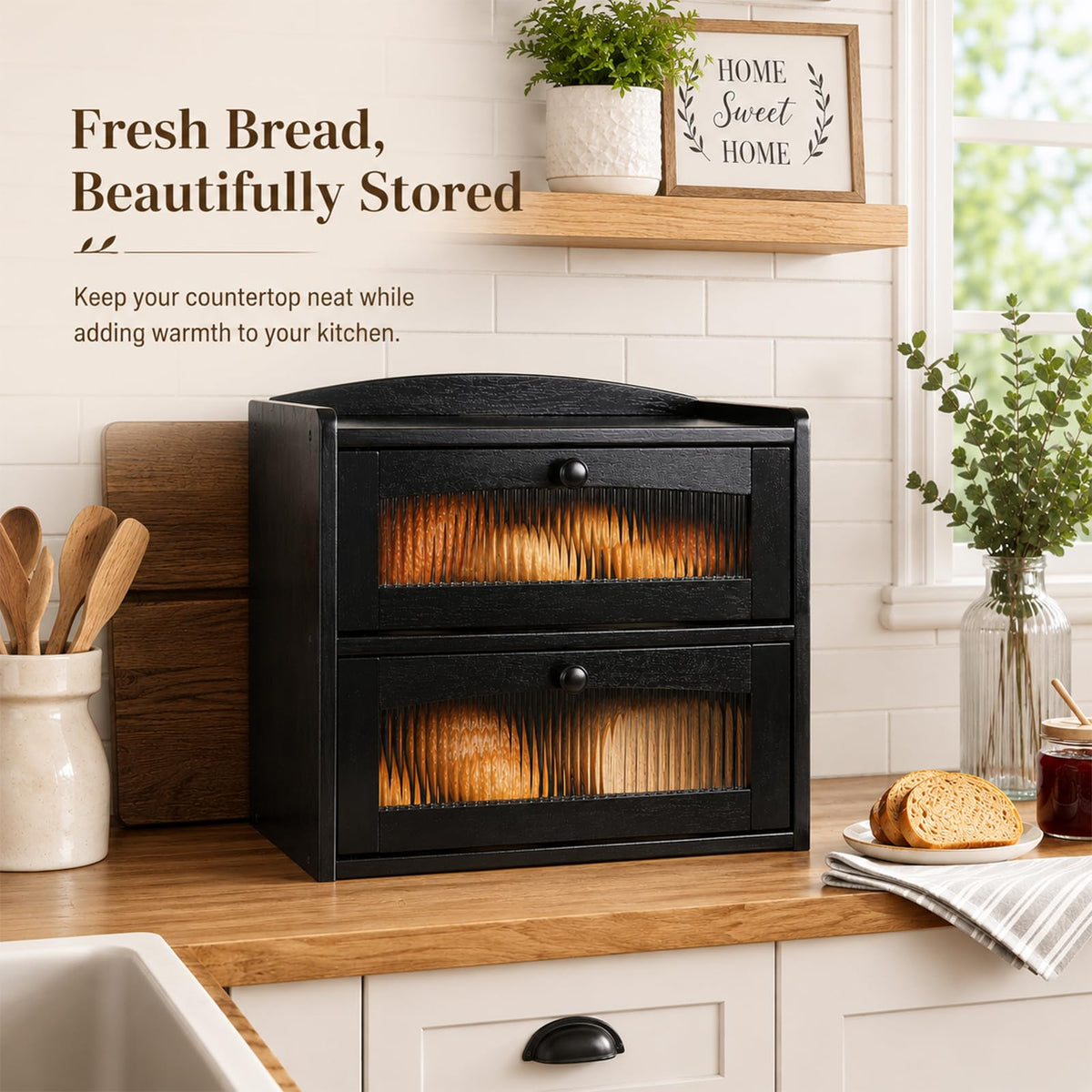 Wooden 2-Tier Bread Box with Window P32187
