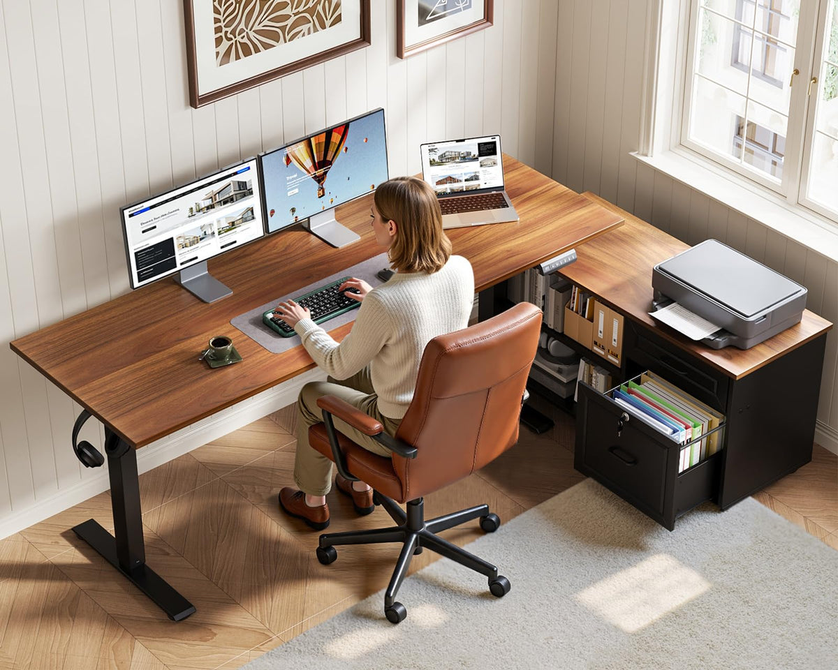 55" L Shaped Electric Standing Desk with Cabinet Sets D578
