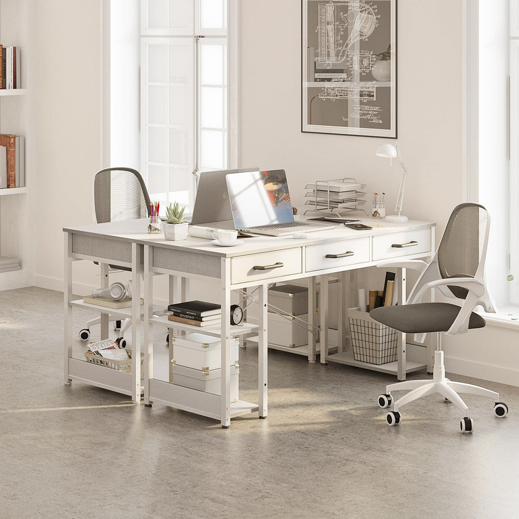 White 48" Computer Desk with Fabric Drawers and Storage Shelves X6652