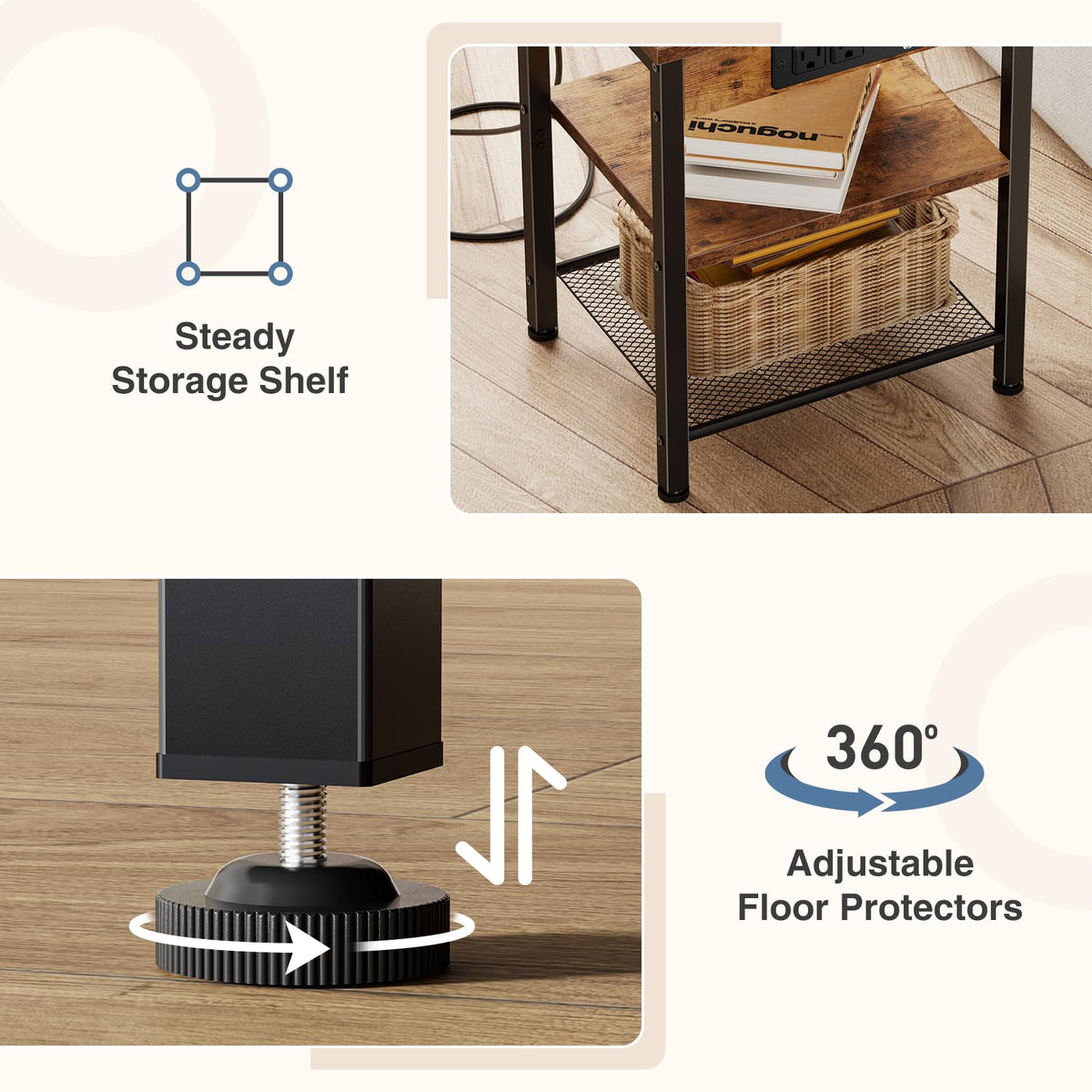 Nightstand with Charging Station, 3-Tier Bedside Table H683