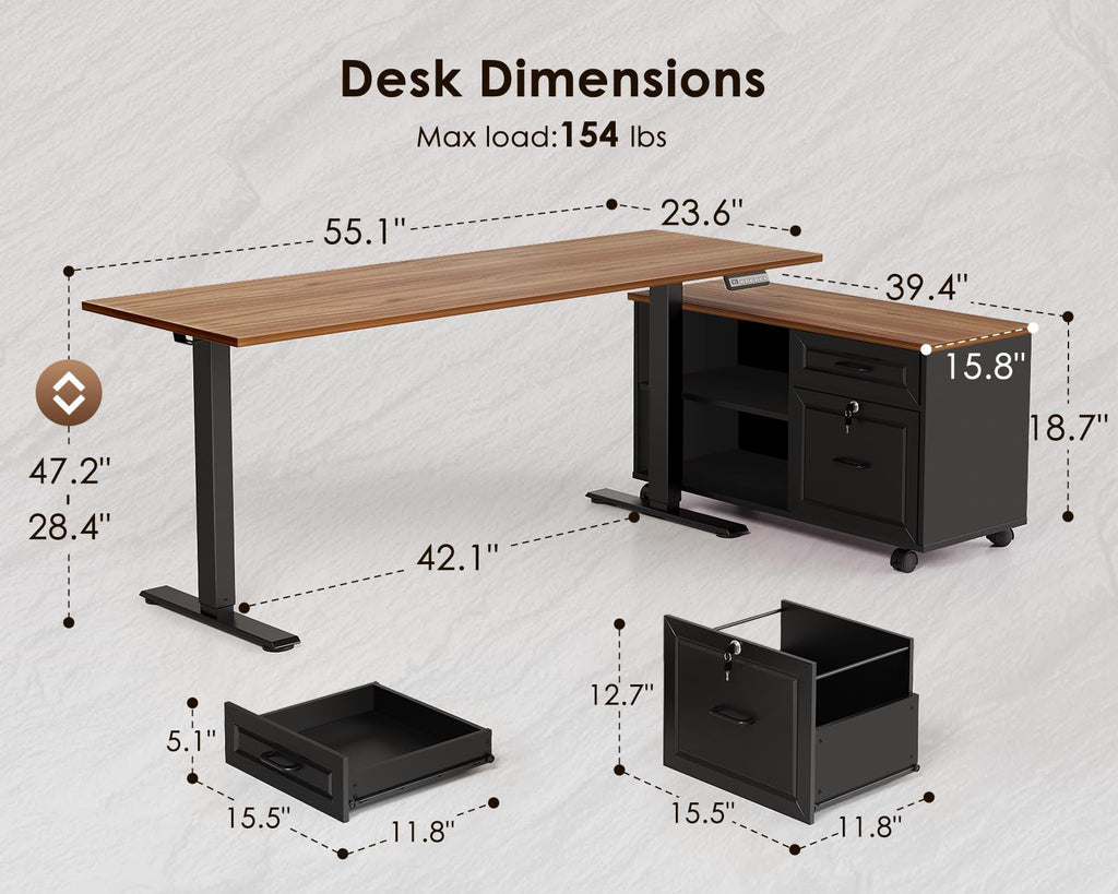 55" L Shaped Electric Standing Desk with Cabinet Sets D578