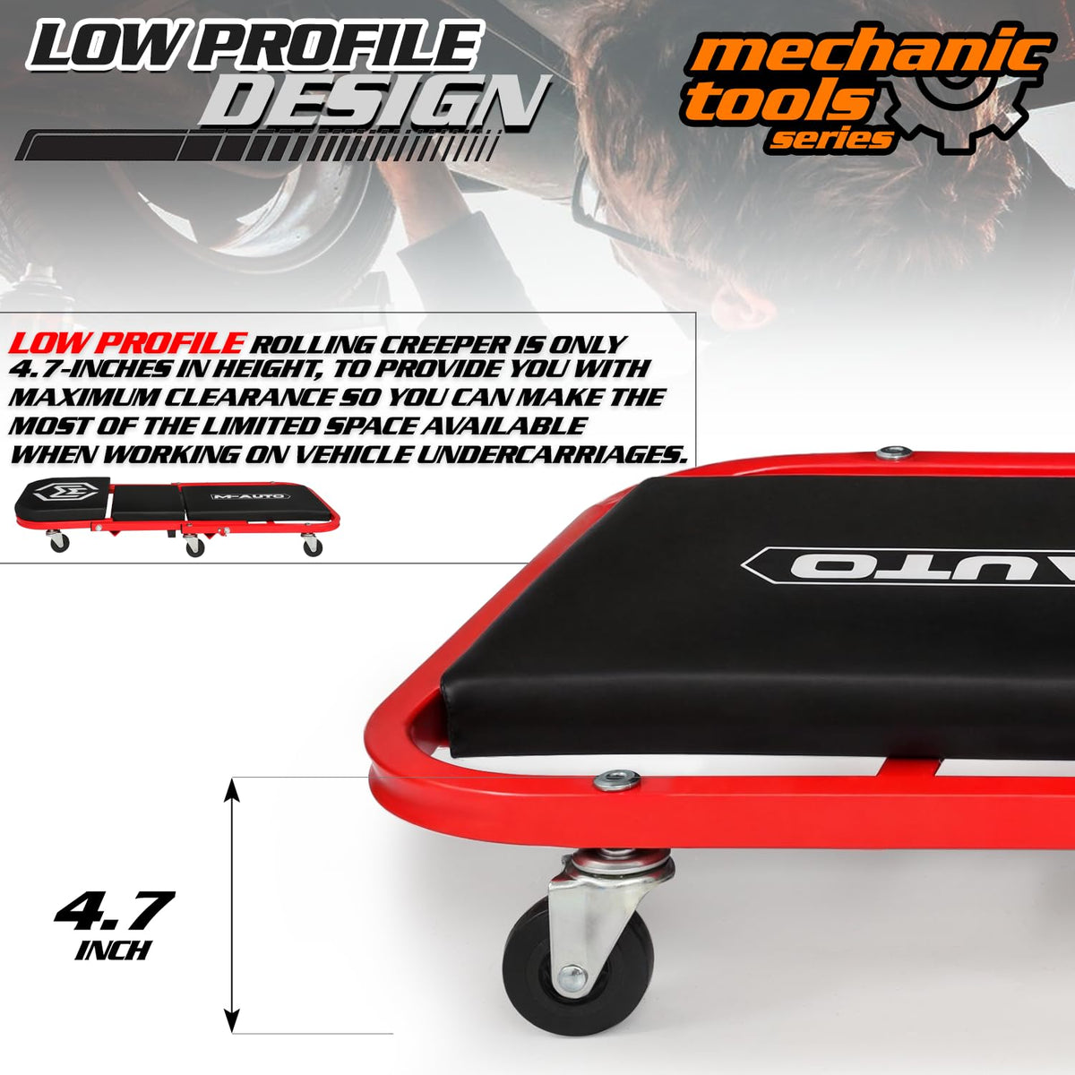 40-Inch Folding Creeper Rolling Seat, 330LBS Capacity with 6 Swivel Casters, Red Q78622