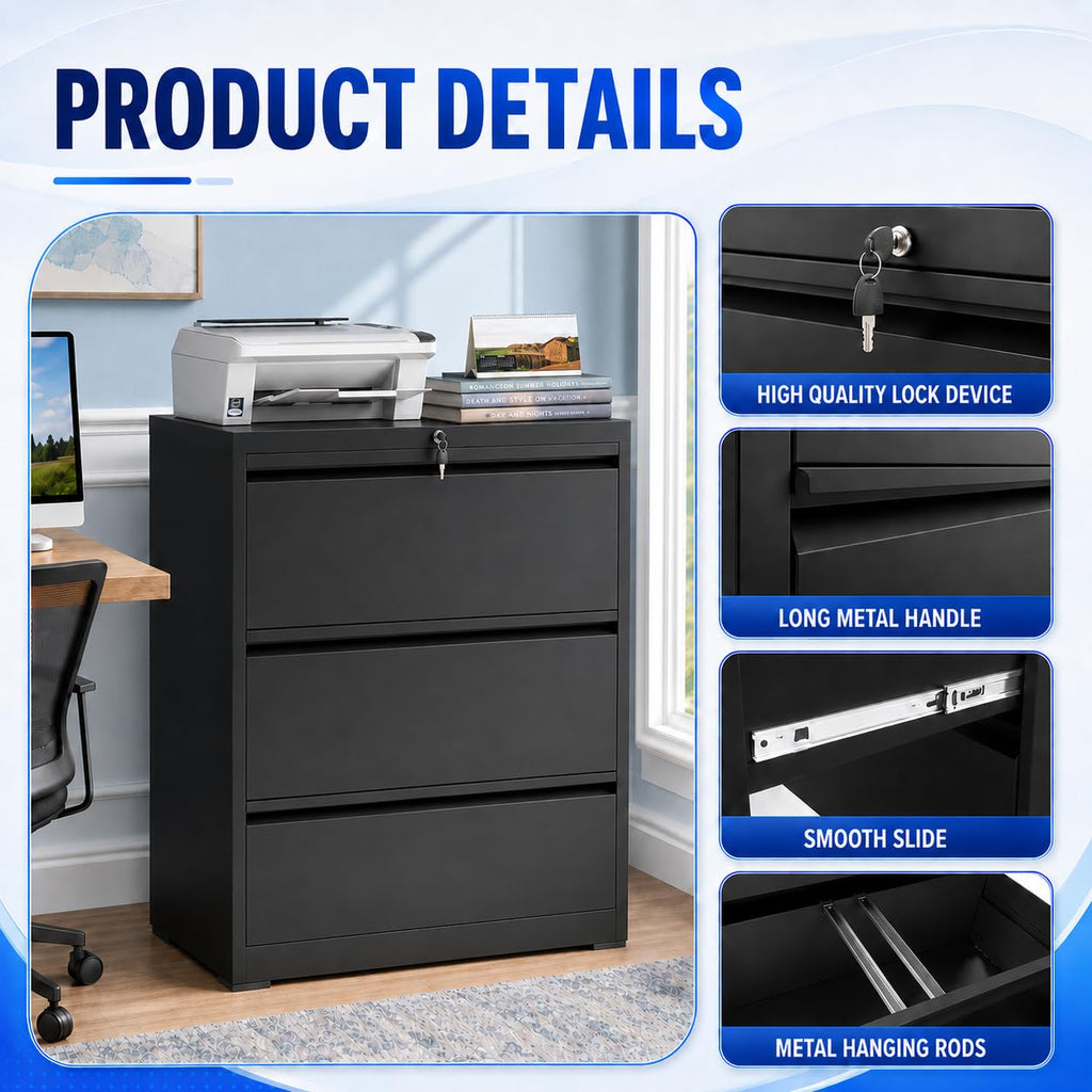 Black 3 Drawer Metal File Cabinet with Lock B8092