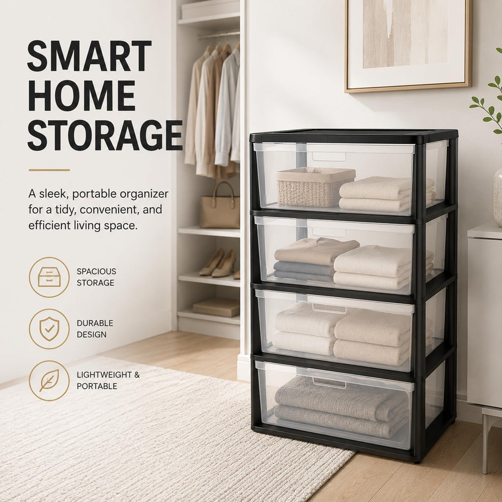 Wide 4 Drawer Plastic Storage Tower Organizer J49882