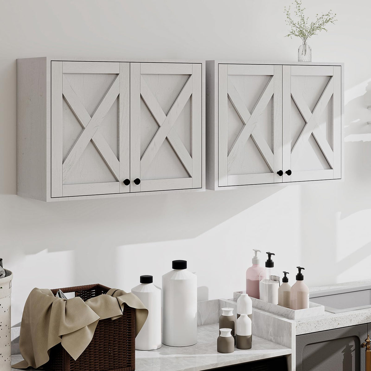 White Wall Mounted Laundry Room Cabinets I931
