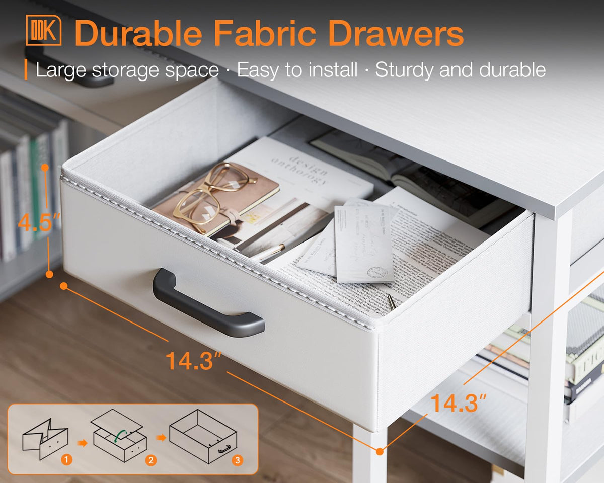 White 48" Computer Desk with Fabric Drawers and Storage Shelves X6652