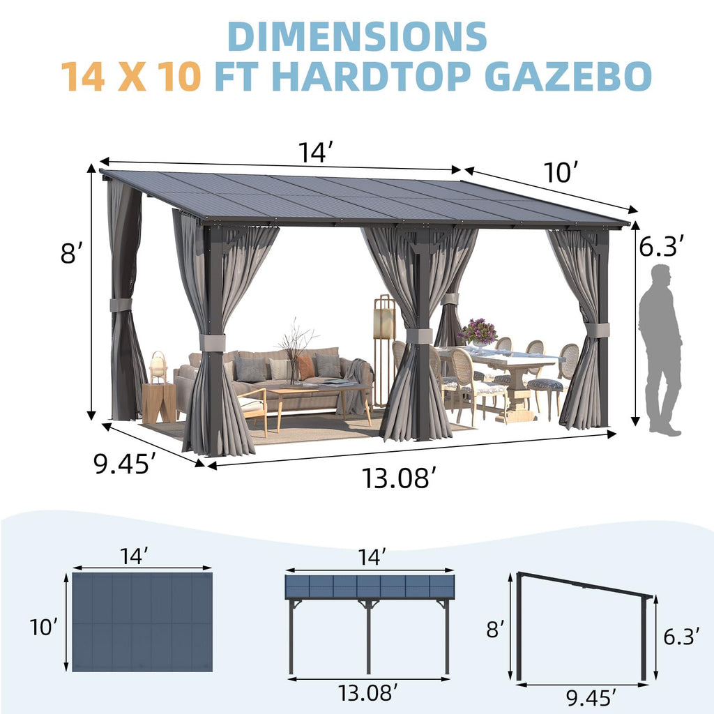 14' x 10' Hard Top Lean to Gazebo with Curtains and Mosquito Netting E58778