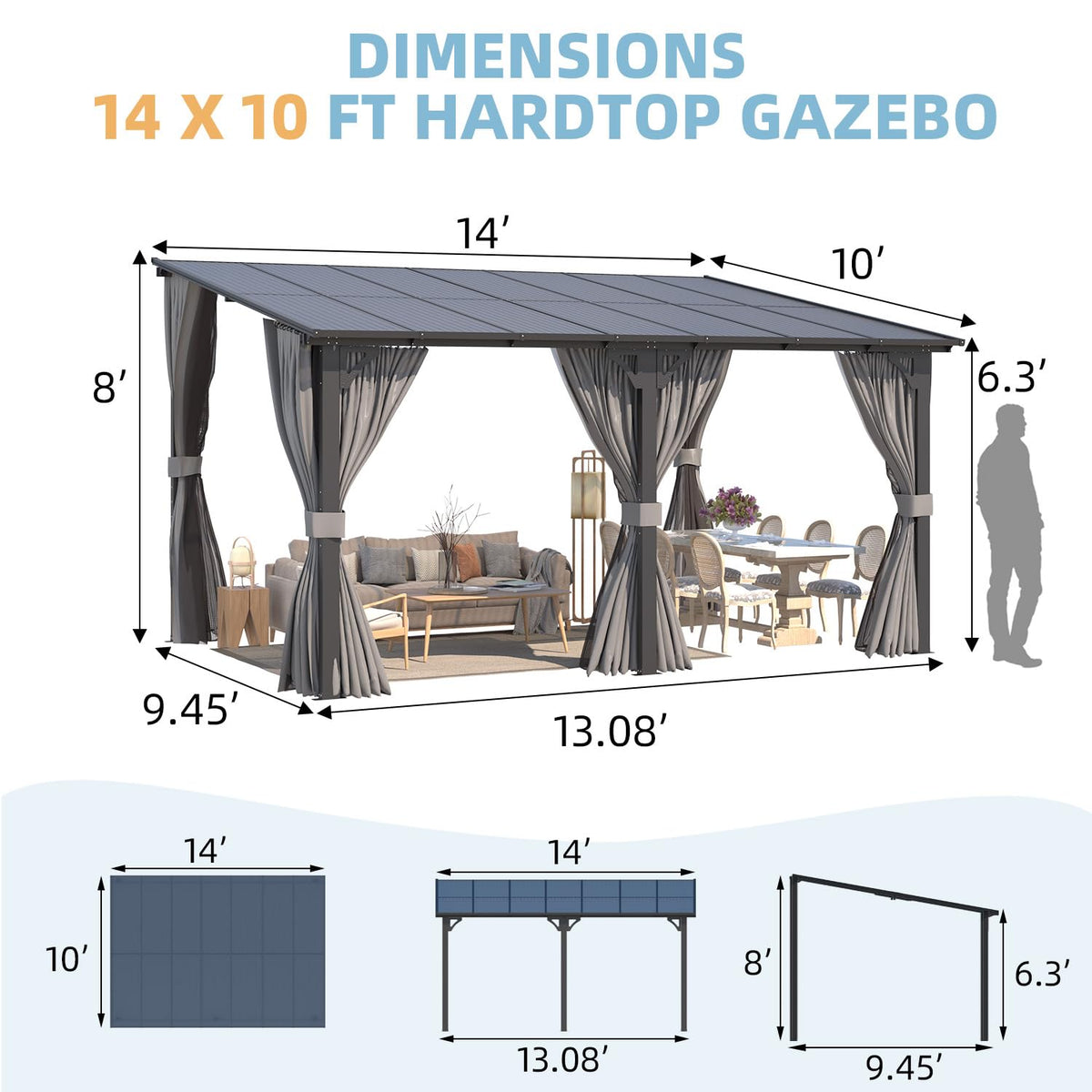 14' x 10' Hard Top Lean to Gazebo with Curtains and Mosquito Netting E58778