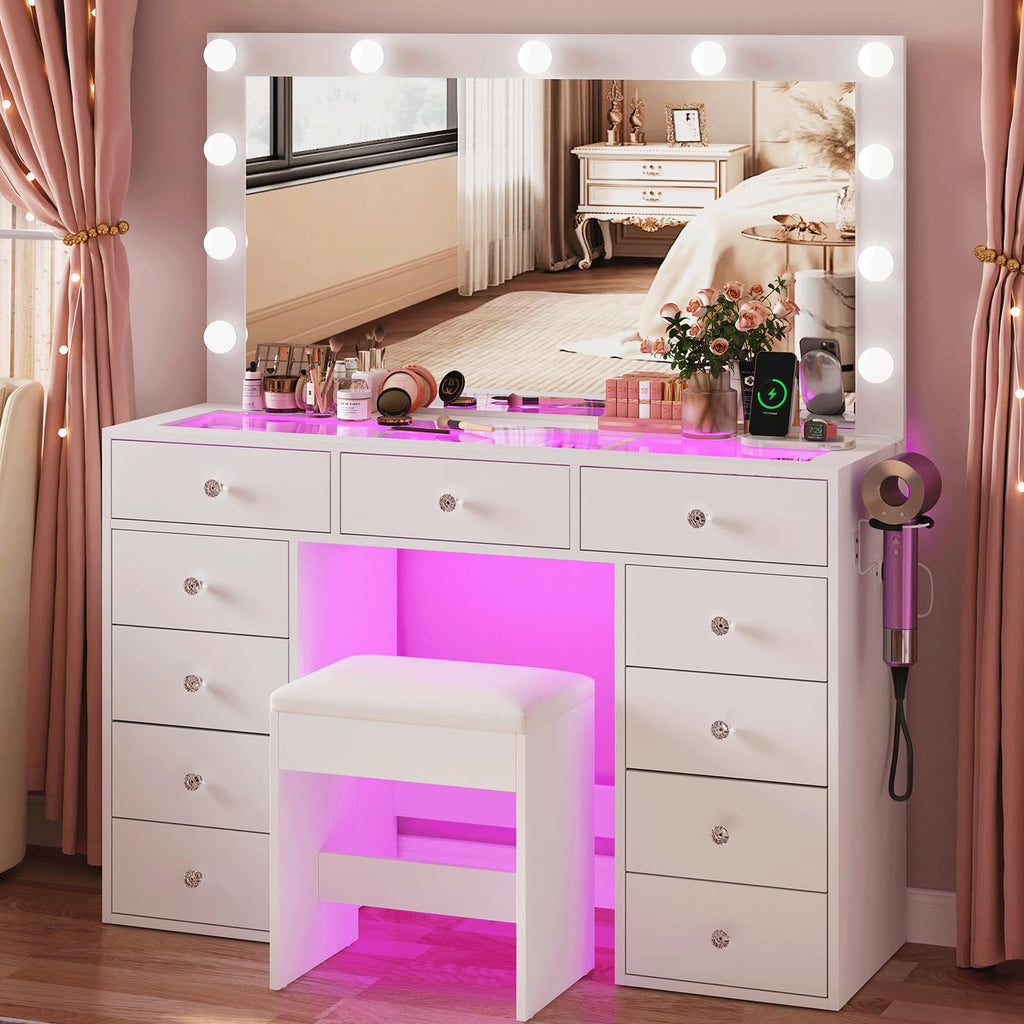 45" Large White Vanity Desk with RGB Lighting Y1296