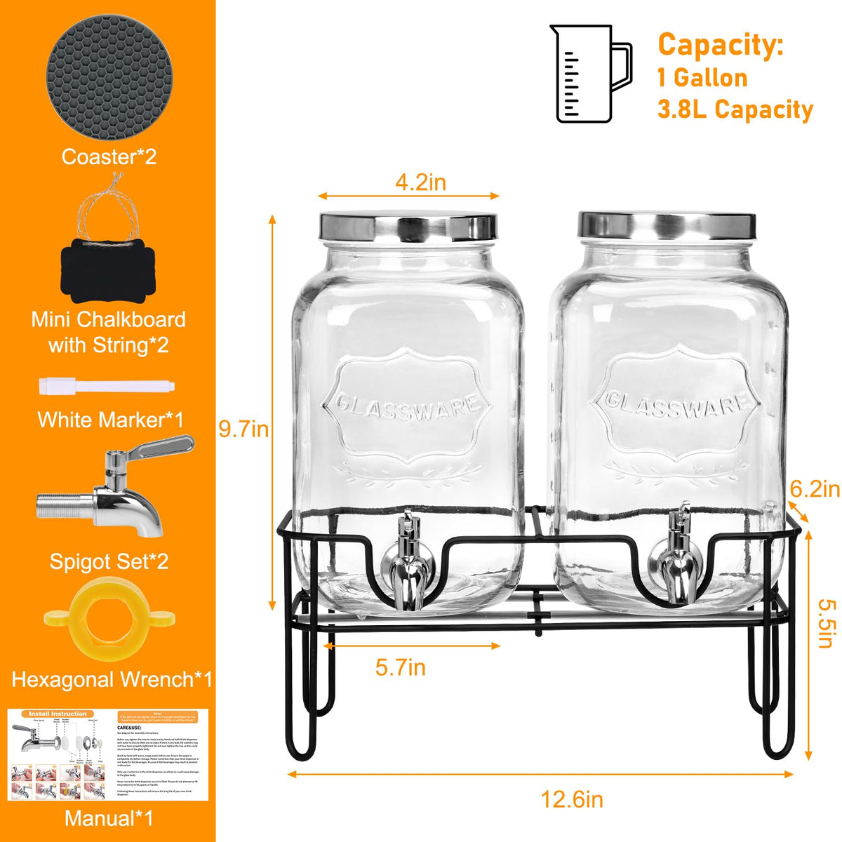 2 Pack 1 Gallon Glass Drink Dispensers with Stand & Spout Q319592
