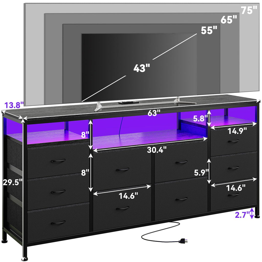 Black 10 Fabric Drawer Dresser with LED Lights & Power Outlets R9001