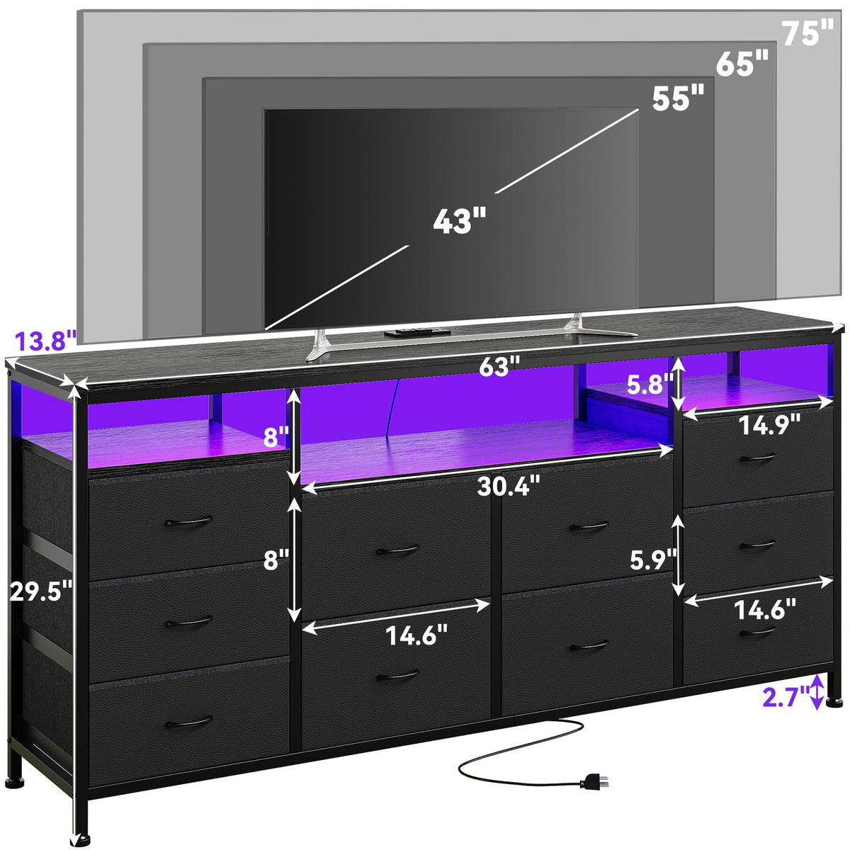 Black 10 Fabric Drawer Dresser with LED Lights & Power Outlets R9001