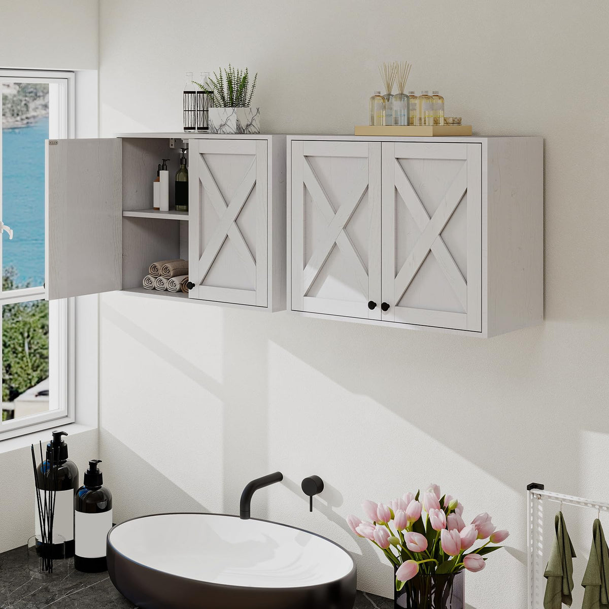 White Wall Mounted Laundry Room Cabinets I931