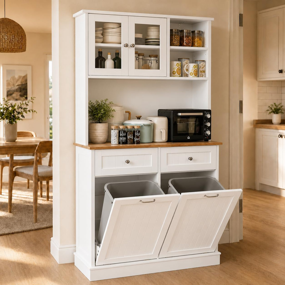 68.4" White Kitchen Pantry Storage Cabinet with Shelf, 2 Drawers and Tilt Out Trash Cabinet P33332