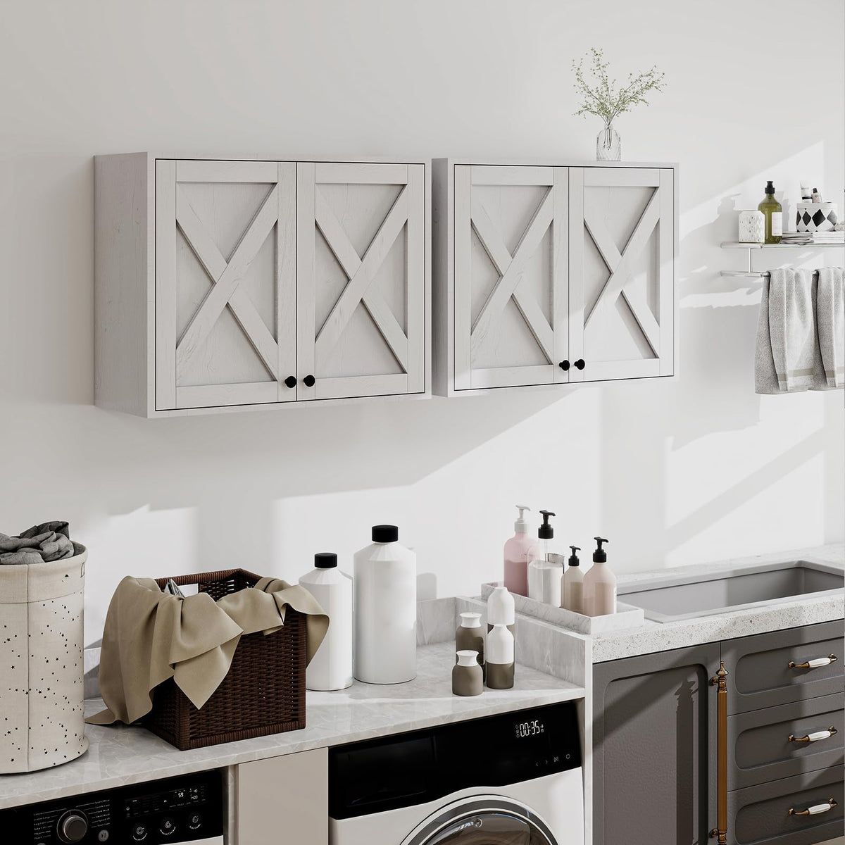 White Wall Mounted Laundry Room Cabinets I931