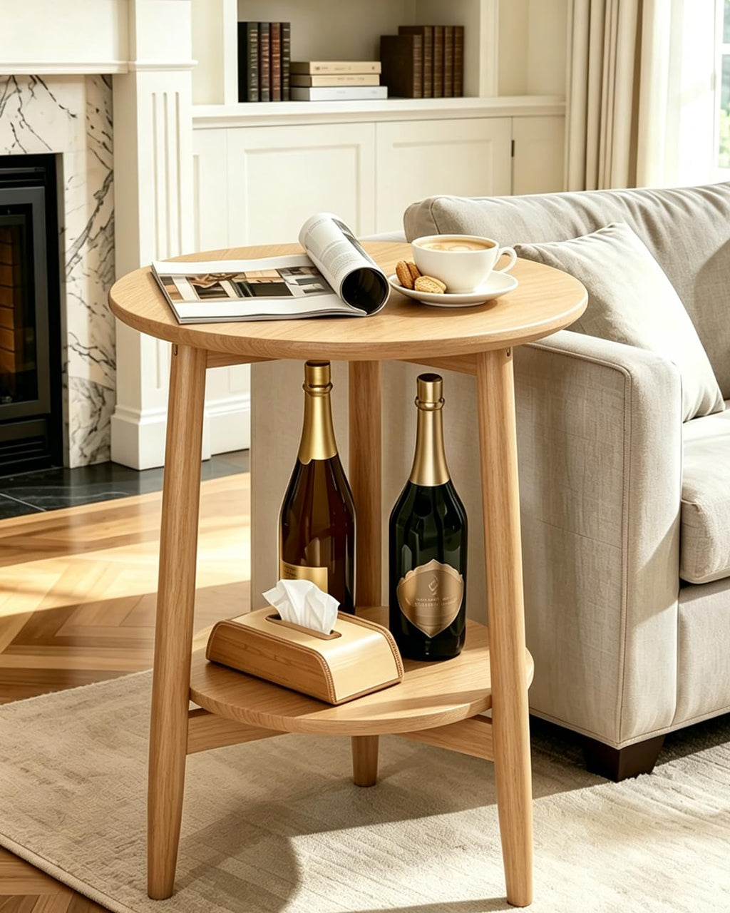 Solid Wood Round End Table with Lower Shelf Q881582