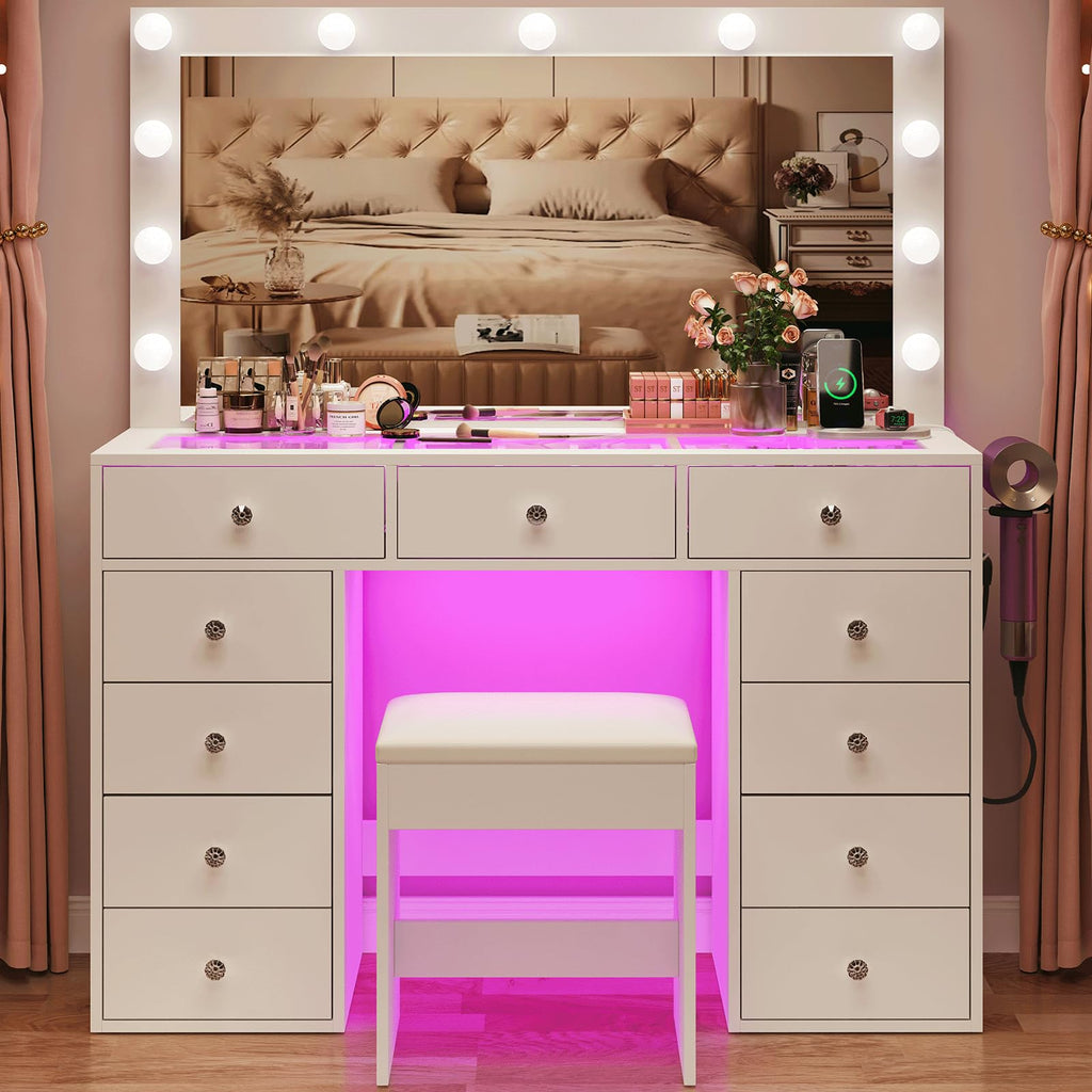 45" Large White Vanity Desk with RGB Lighting Y1296
