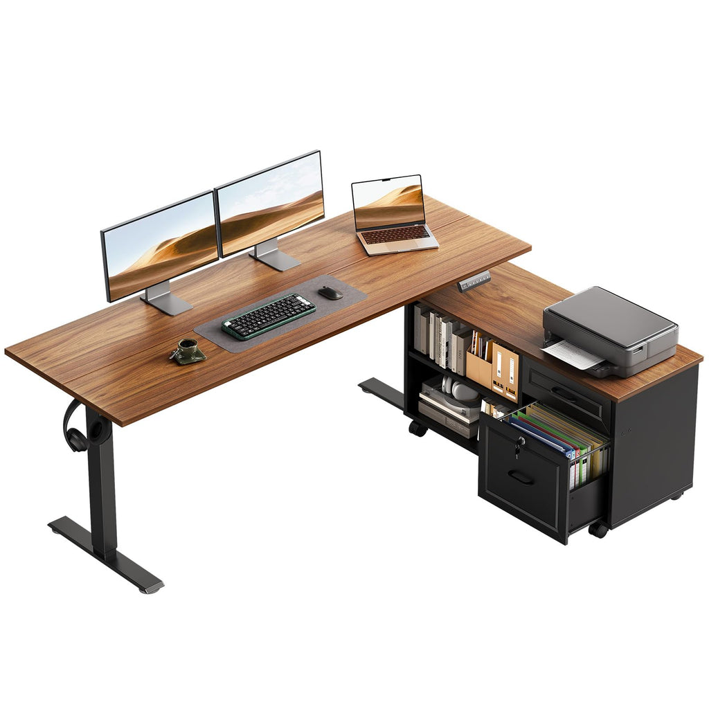 55" L Shaped Electric Standing Desk with Cabinet Sets D578