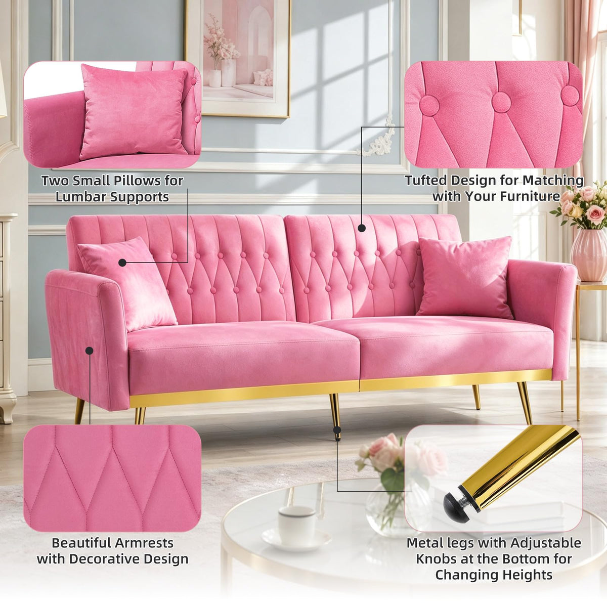 Pink Velvet Futon Sofa Bed H58358