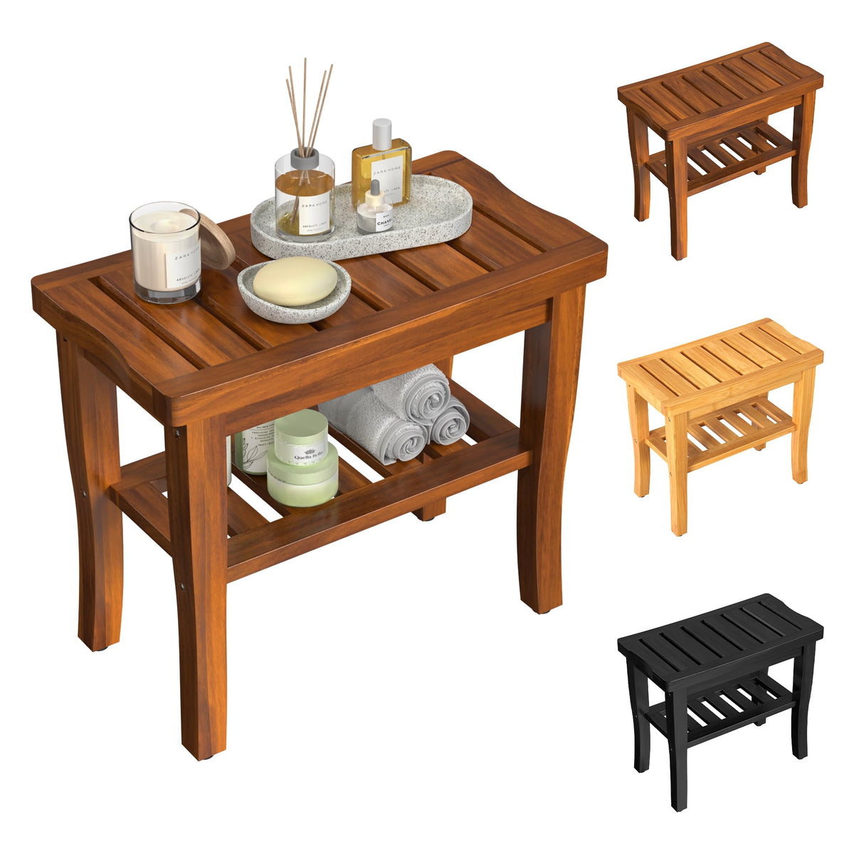 Teak Wood Shower Bench Stool with Storage Shelf I999364