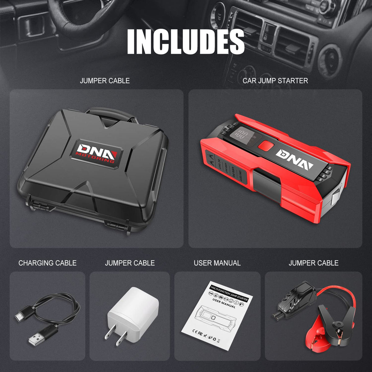 12V 2000A Peak Portable Car Battery Jump Starter with Carry Case W7171