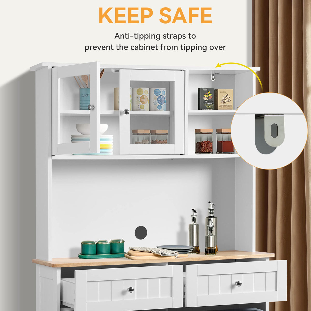 68.4" White Kitchen Pantry Storage Cabinet with Shelf, 2 Drawers and Tilt Out Trash Cabinet P33332