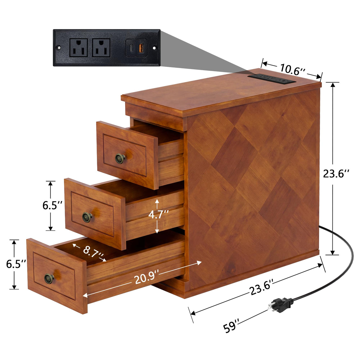 Solid Wood Narrow End Table with Charging Station Set of 2 Q719