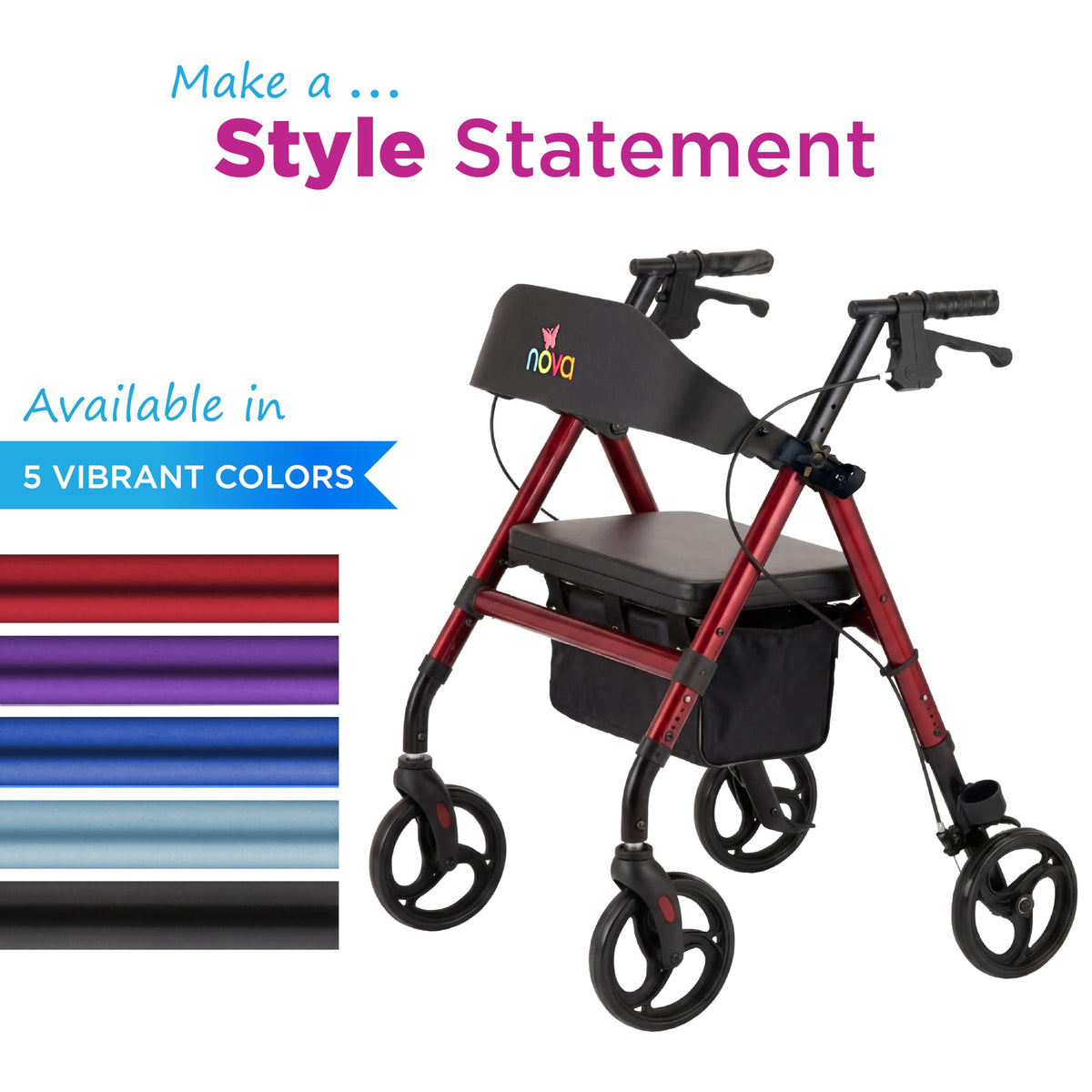 Lightweight Folding Rollator Walker with 8” Wheels, Adjustable Height, Hand Brakes, Padded Seat & Backrest, Red Y21990