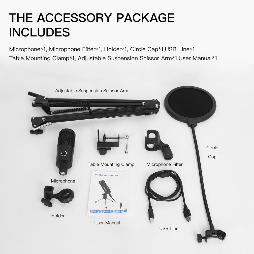 USB Condenser Microphone Kit with Scissor Arm, Shock Mount and Pop Filter O4787