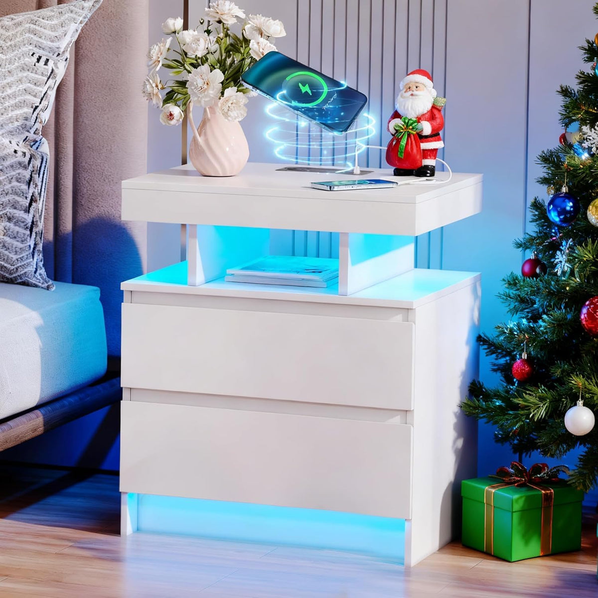 LED Nightstand with Charging Station White E21392