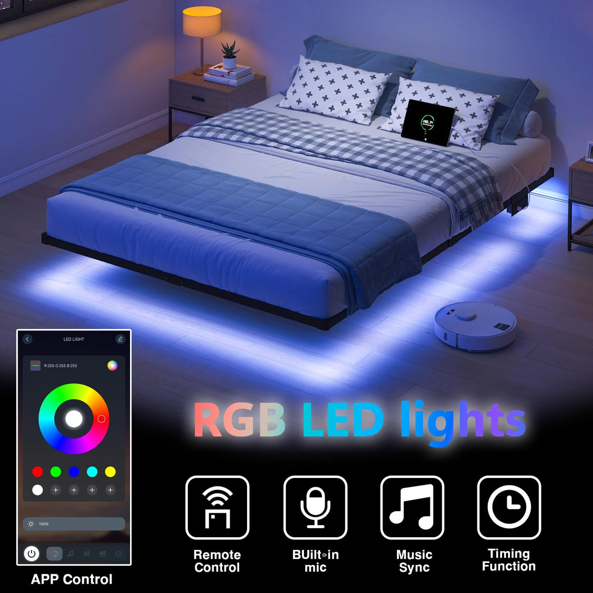 8 inch Floating Bed Frame Full with Charging Station X536561