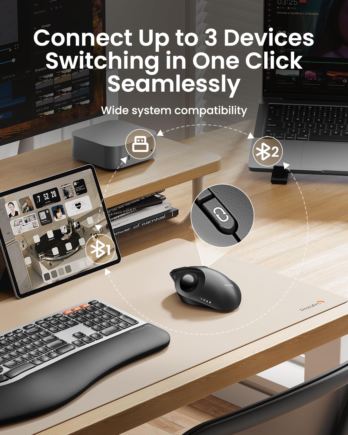 Wireless Trackball Mouse, Adjustable Angle, Gray O272312